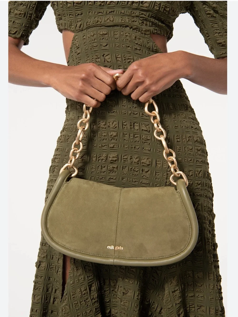 cult gaia Olive Suede Shoulder Bag with Gold Chain